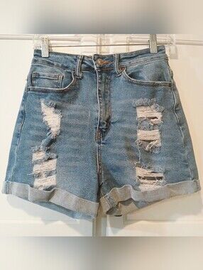 Wax Jean Collection, High Rise, Cuffed, Distressed Denim Shorts M (Juniors)